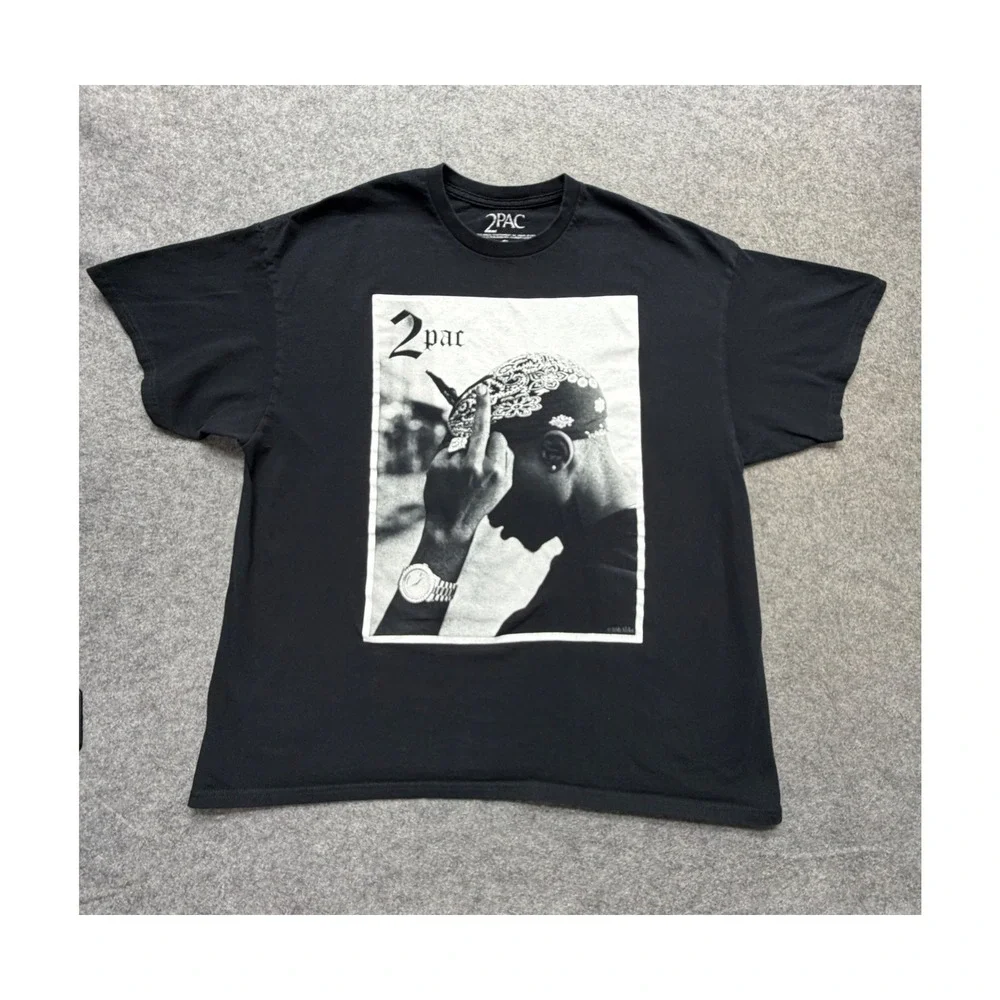 2Pac Tupac Shakur Graphic T-Shirt Black XXL Bandana Photo Print Rap Tee